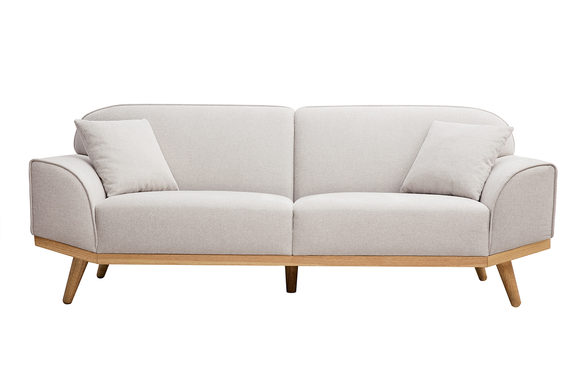 Canap scandinave 3 places en tissu effet velours textur beige et bois clair FREEMA