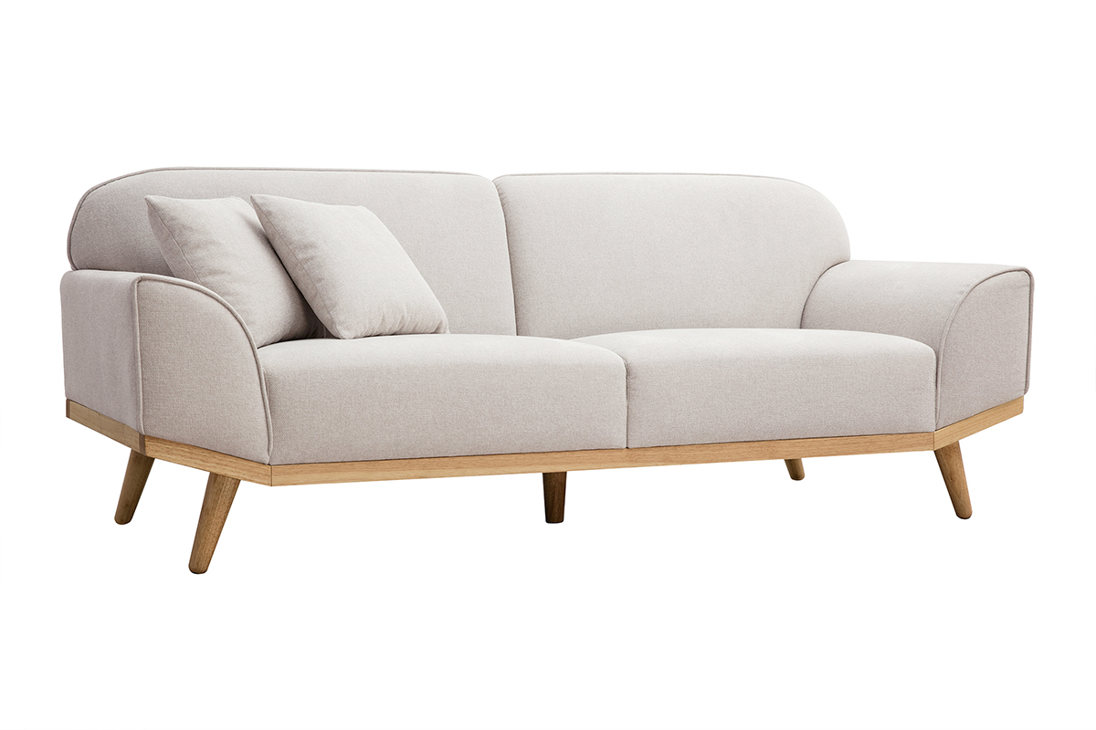 Canap scandinave 3 places en tissu effet velours textur beige et bois clair FREEMA