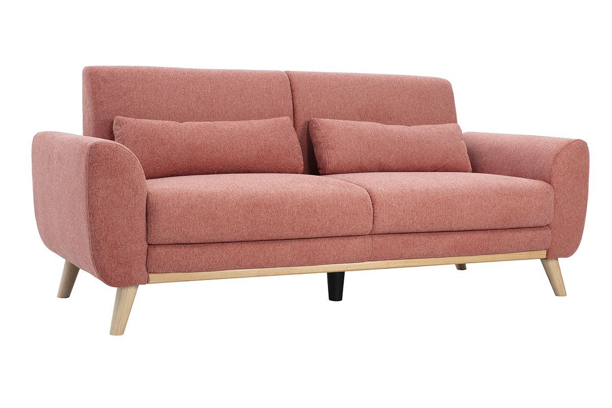 Canap scandinave 3 places en tissu effet velours textur terracotta et bois clair EKTOR