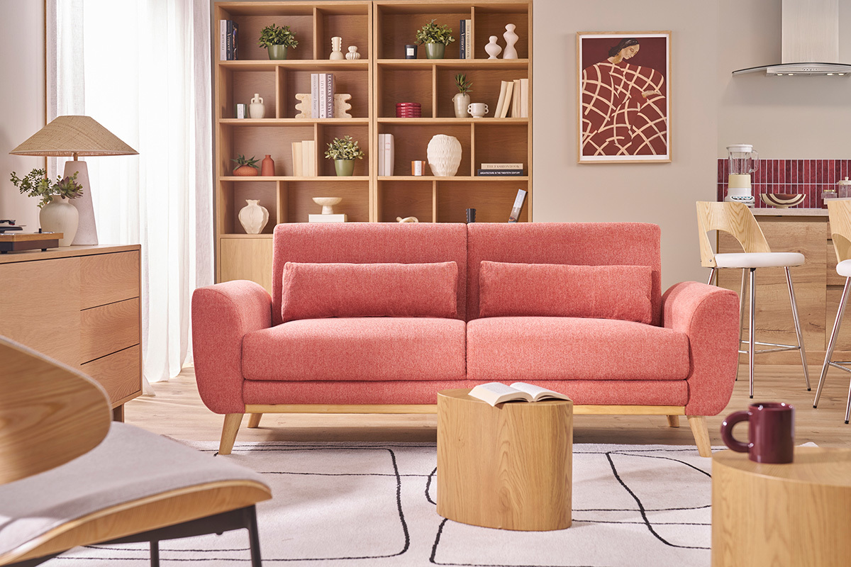 Canap� scandinave 3 places en tissu effet velours textur� terracotta et bois clair EKTOR