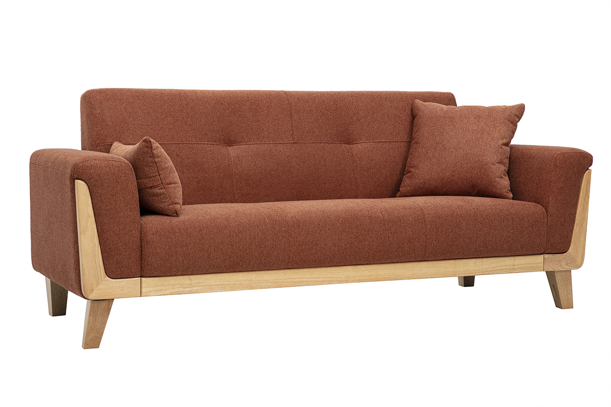 Canap� scandinave 3 places en tissu effet velours textur� terre br�l�e et bois clair FJORD