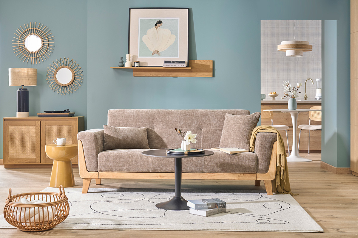 Canap� scandinave 3 places en tissu effet velours textur� terre br�l�e et bois clair FJORD