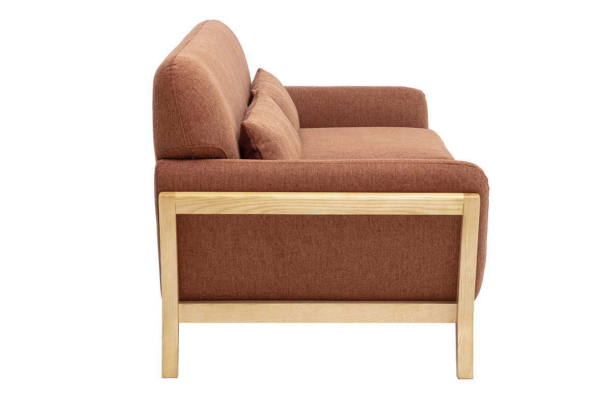 Canap� scandinave 3 places en tissu effet velours textur� terre br�l�e et bois clair YOKO