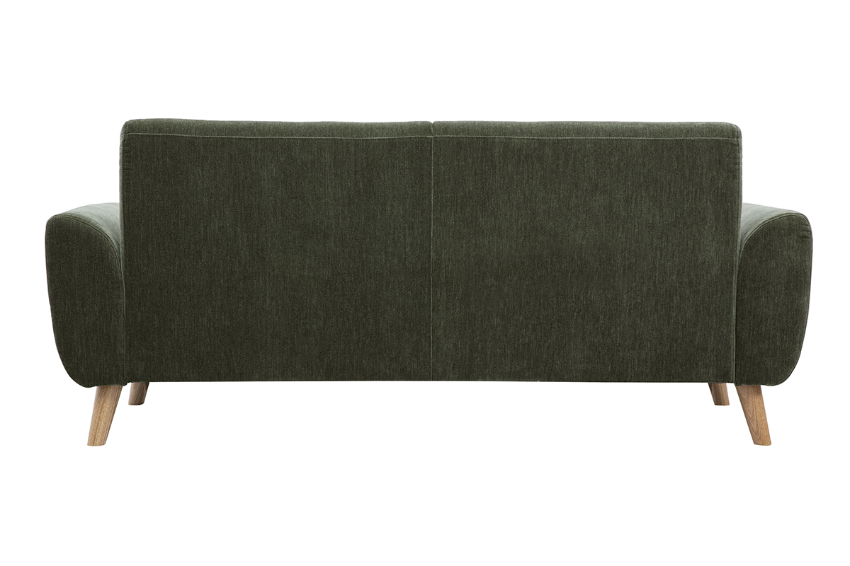 Canap� scandinave 3 places en tissu effet velours textur� vert kaki et bois clair EKTOR