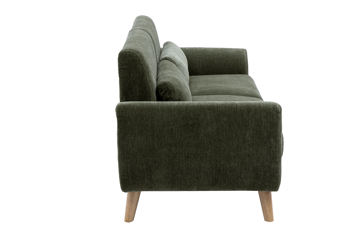 Canap� scandinave 3 places en tissu effet velours textur� vert kaki et bois clair EKTOR