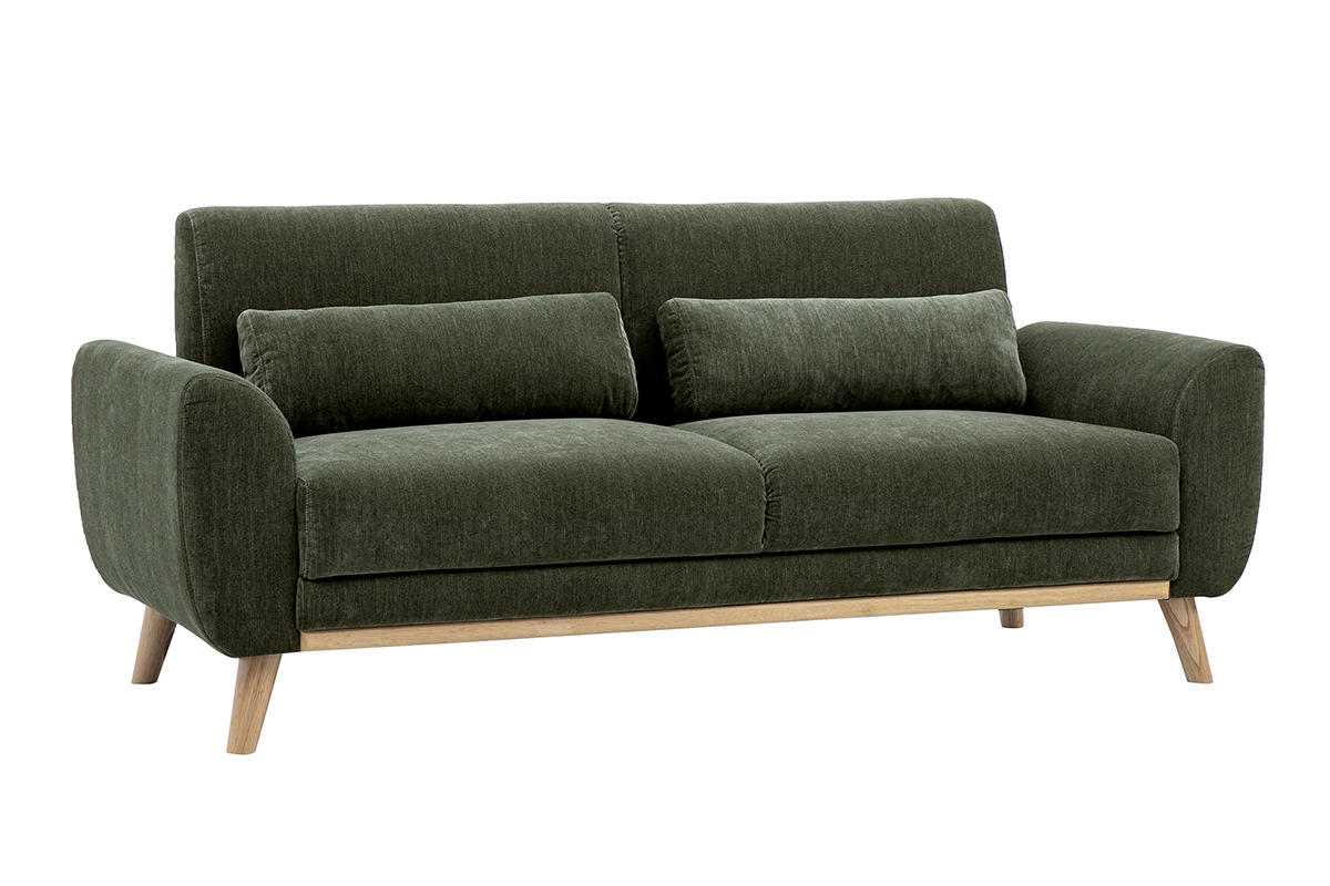 Canap� scandinave 3 places en tissu effet velours textur� vert kaki et bois clair EKTOR