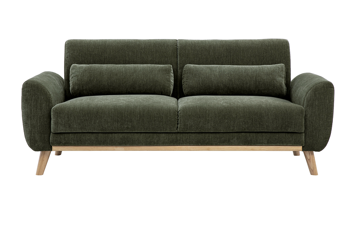 Canap� scandinave 3 places en tissu effet velours textur� vert kaki et bois clair EKTOR