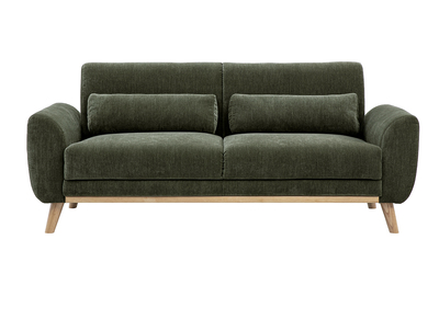 Canap&eacute; scandinave 3 places en tissu effet velours textur&eacute; vert kaki et bois clair EKTOR