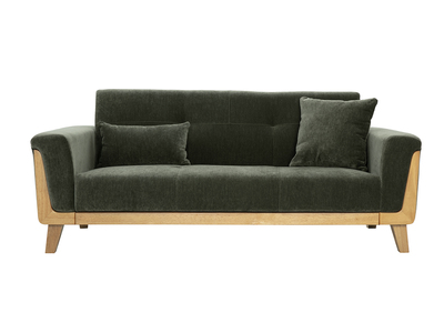 Canapé scandinave 3 places en tissu effet velours vert kaki et bois clair FJORD
