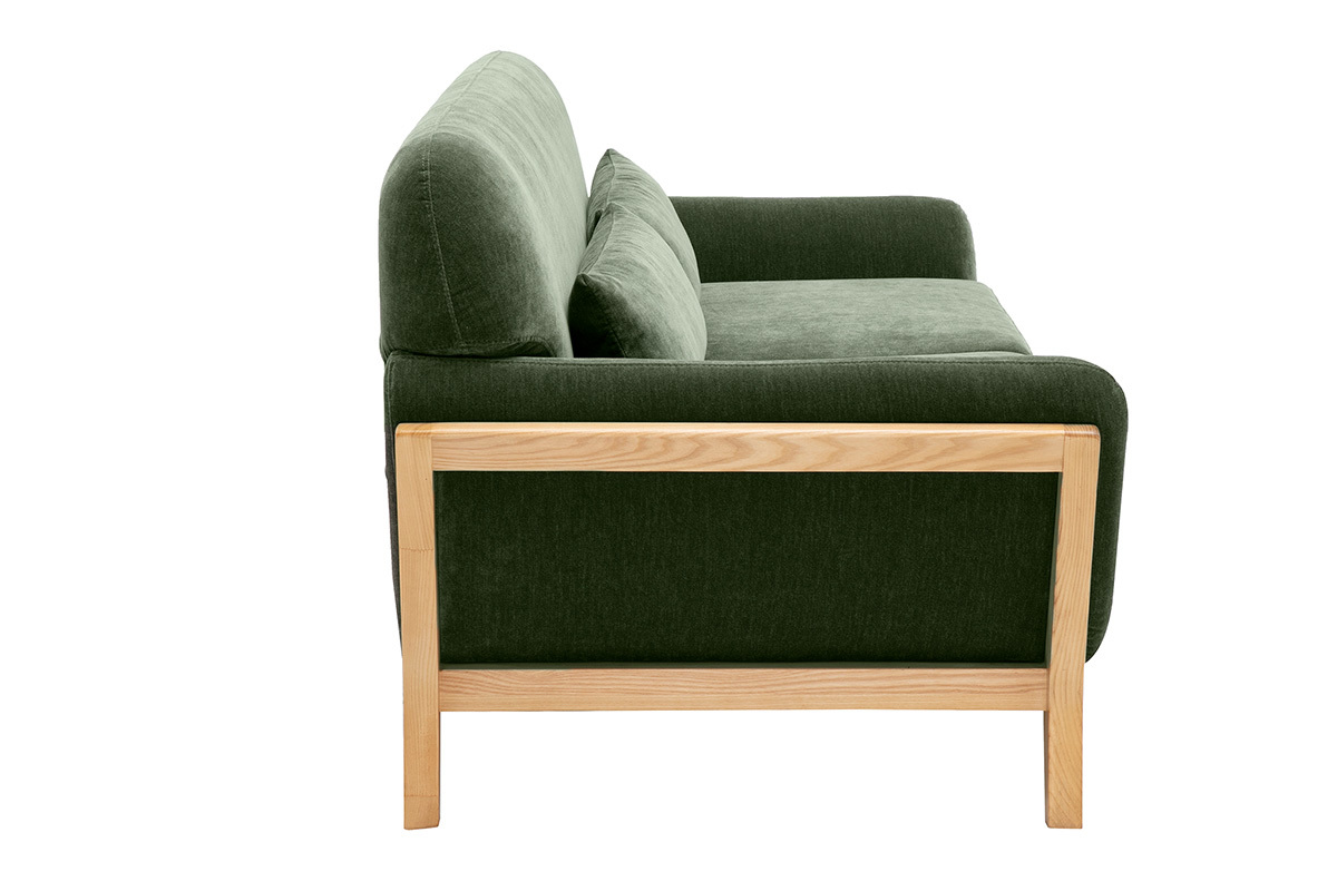 Canap� scandinave 3 places en tissu effet velours vert kaki et bois clair YOKO