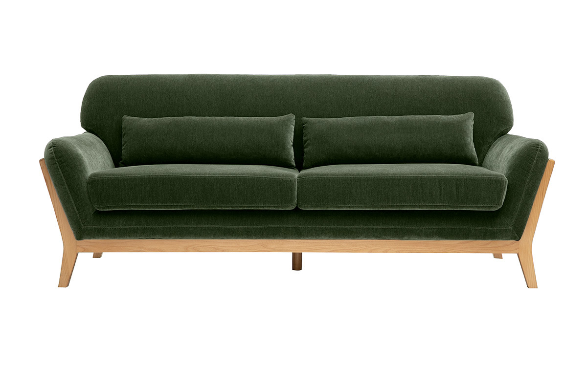 Canap� scandinave 3 places en tissu effet velours vert kaki et bois clair YOKO
