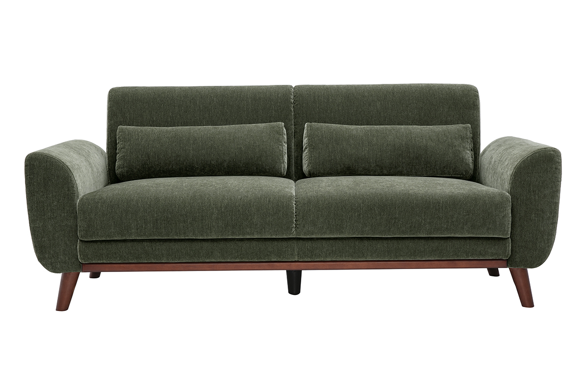Canap� scandinave 3 places en tissu effet velours vert kaki et bois fonc� EKTOR