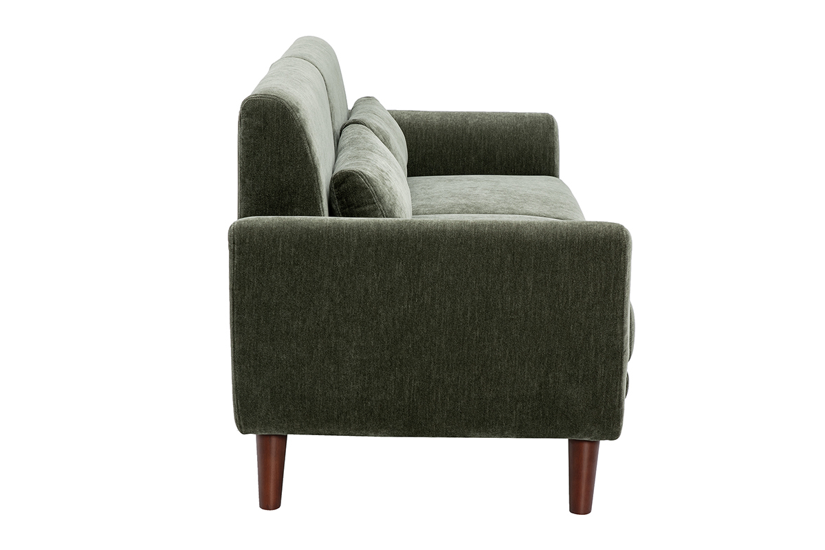 Canap� scandinave 3 places en tissu effet velours vert kaki et bois fonc� EKTOR