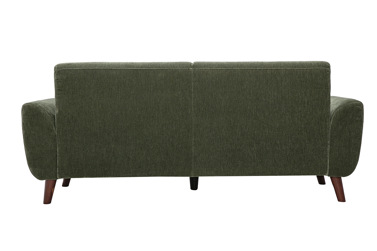 Canap� scandinave 3 places en tissu effet velours vert kaki et bois fonc� EKTOR