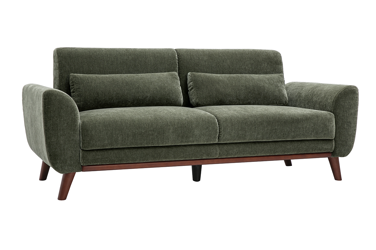 Canap� scandinave 3 places en tissu effet velours vert kaki et bois fonc� EKTOR