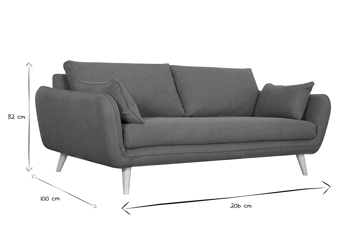 Canap scandinave 3 places en tissu gris anthracite et bois clair CREEP