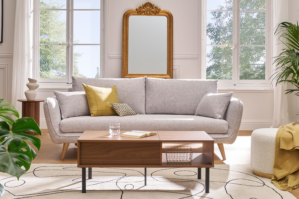 Canap scandinave 3 places en tissu gris clair chin et bois clair CREEP