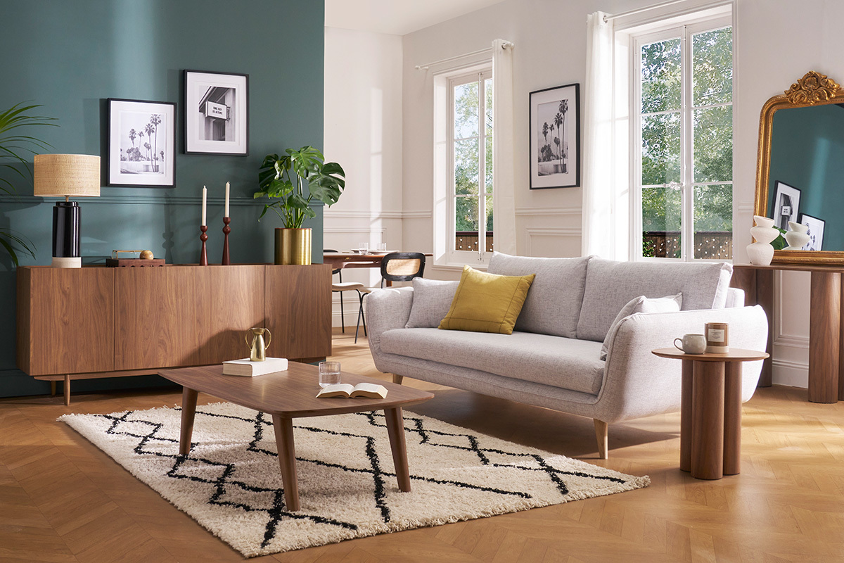 Canap scandinave 3 places en tissu gris clair chin et bois clair CREEP