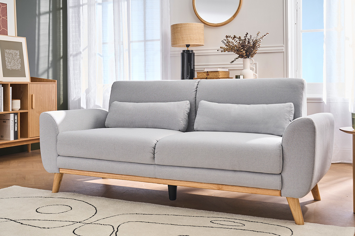 Canap� scandinave 3 places en tissu gris clair et bois clair EKTOR