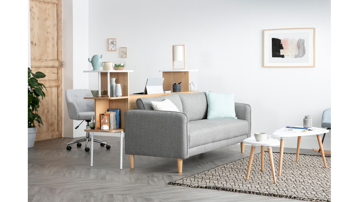 Canap scandinave 3 places en tissu gris clair et bois clair KURT - Miliboo & Stphane Plaza
