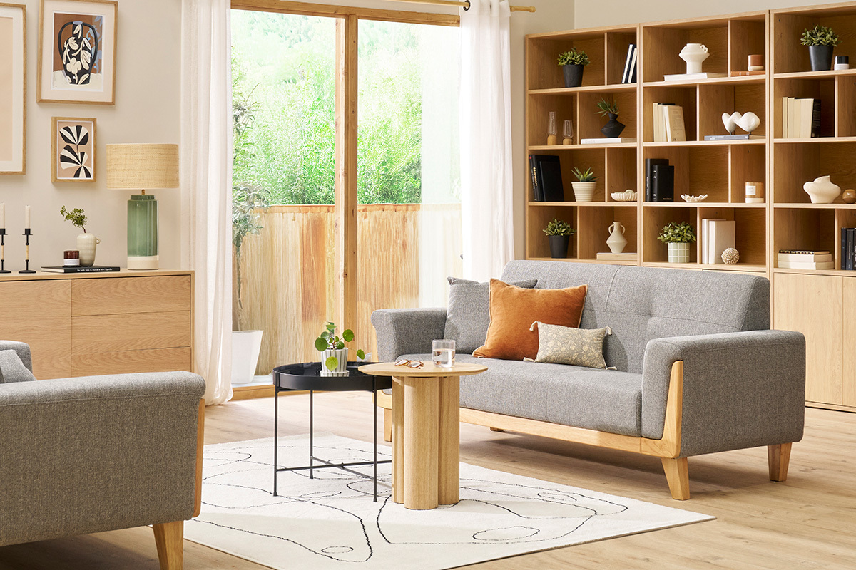 Canap scandinave 3 places en tissu gris et bois clair FJORD
