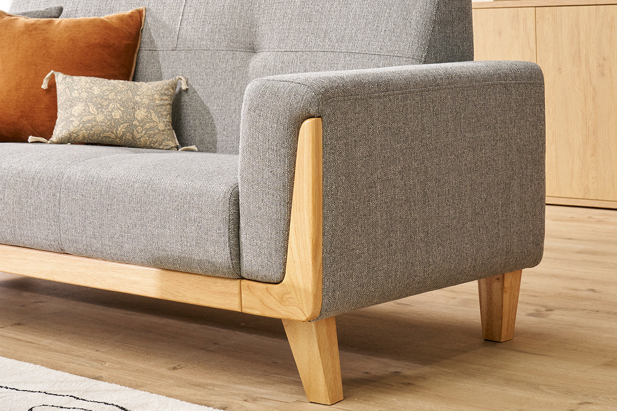 Canap scandinave 3 places en tissu gris et bois clair FJORD