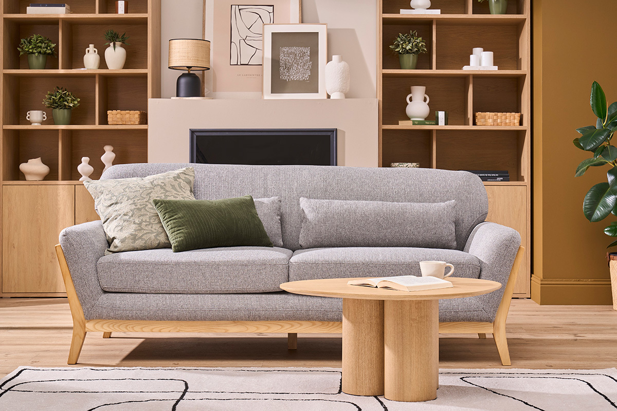 Canap scandinave 3 places en tissu gris et bois clair YOKO