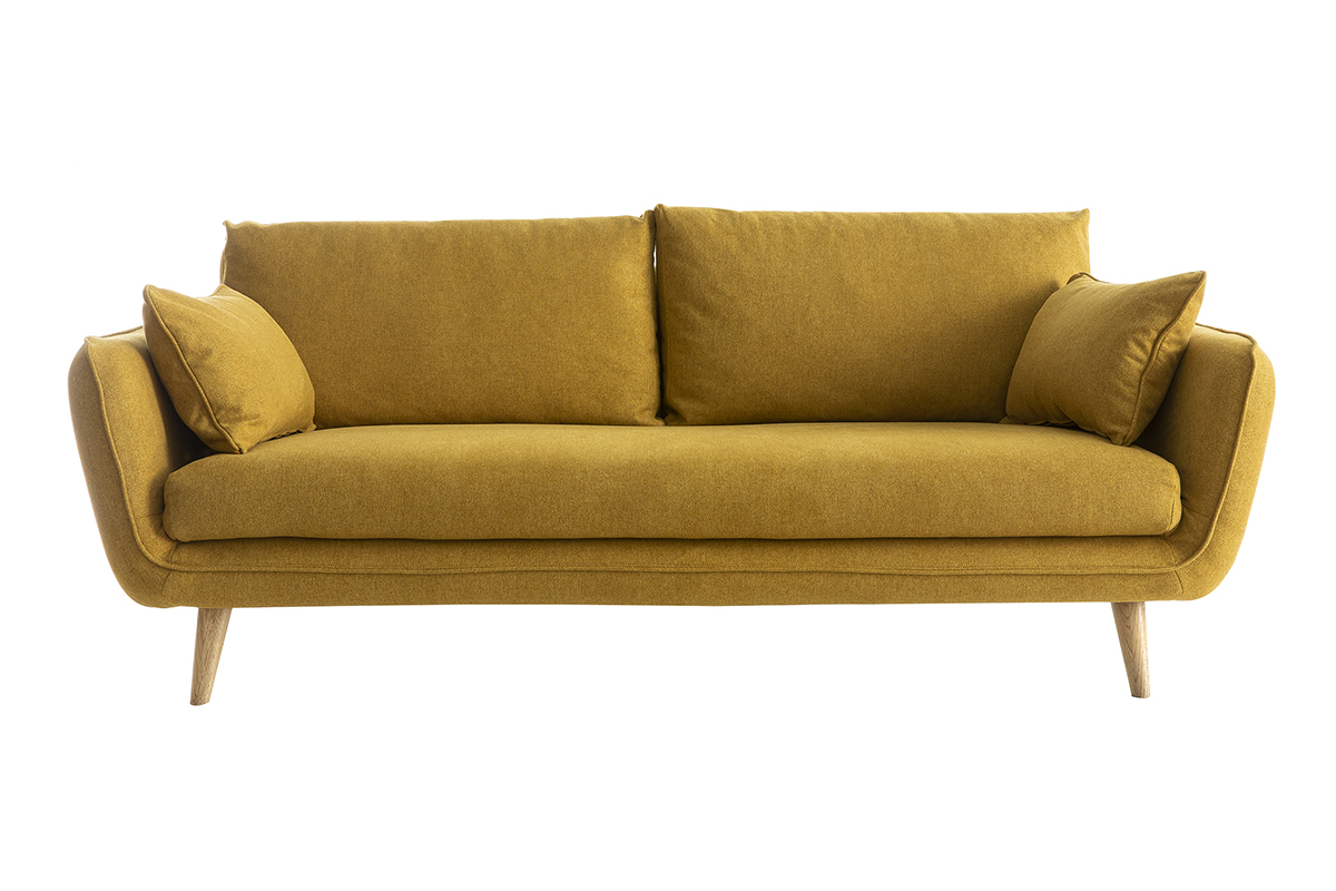 Canap scandinave 3 places en tissu jaune cumin et bois clair CREEP