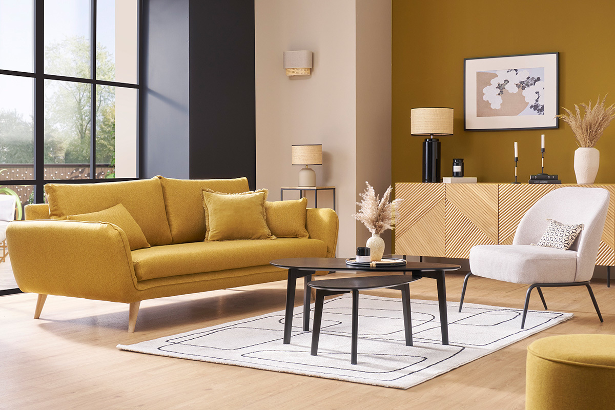 Canap scandinave 3 places en tissu jaune cumin et bois clair CREEP