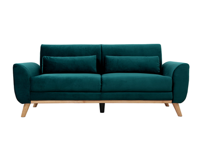 Canapé scandinave 3 places en tissu velours bleu pétrole et bois clair EKTOR