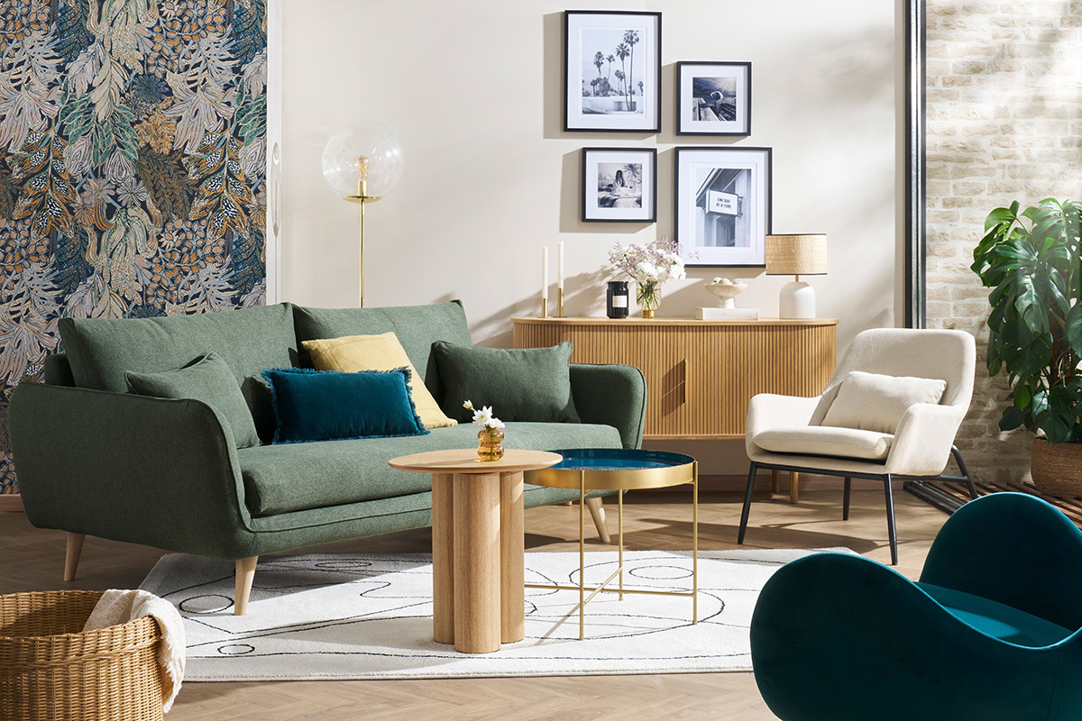 Canap scandinave 3 places en tissu vert kaki et bois clair CREEP