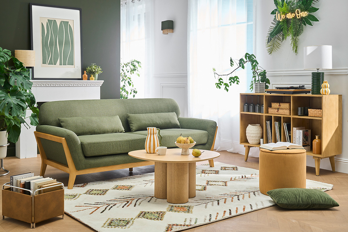 Canap� scandinave 3 places en tissu vert kaki et bois clair YOKO