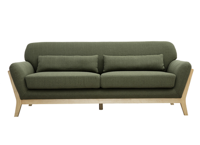 Canapé scandinave 3 places en tissu vert kaki et bois clair YOKO