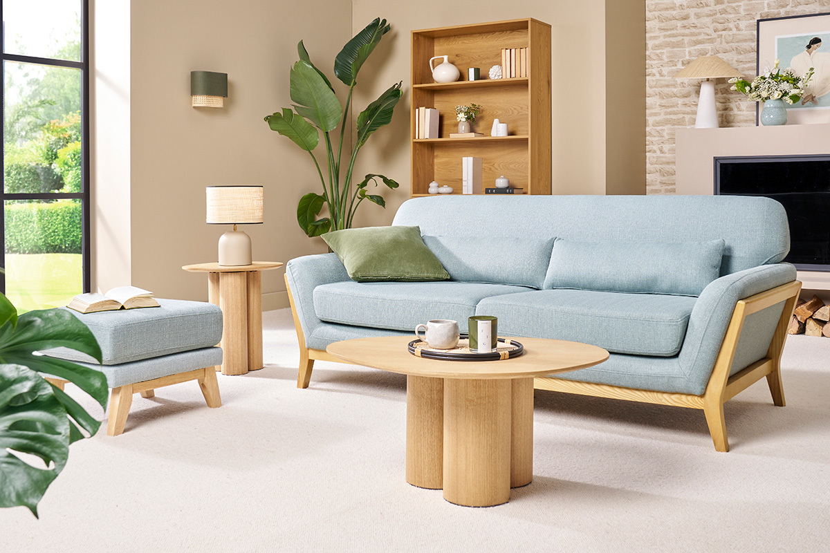 Canap scandinave 3 places en tissu vert lagon et bois clair YOKO