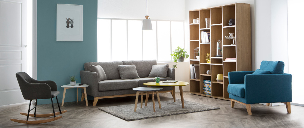 Canap� scandinave 3 places gris clair d�houssable pieds bois OSLO