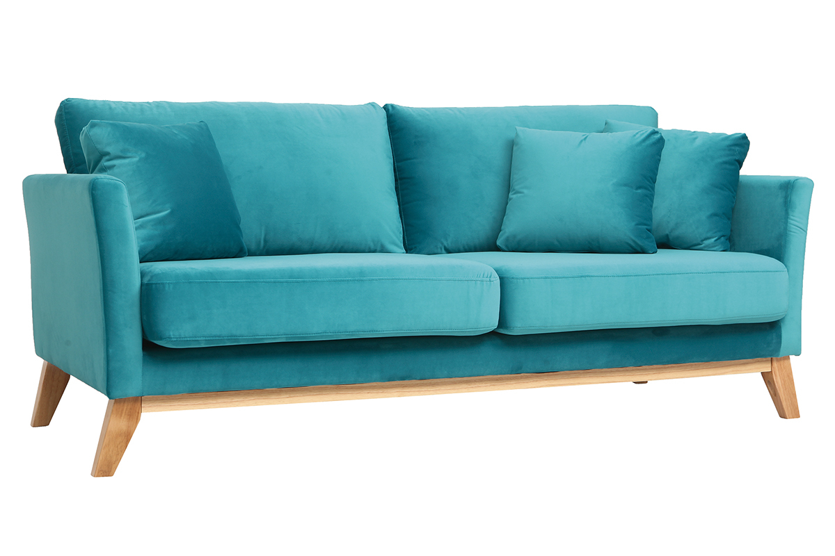 Canap� scandinave 3 places velours bleu azur pieds bois OSLO