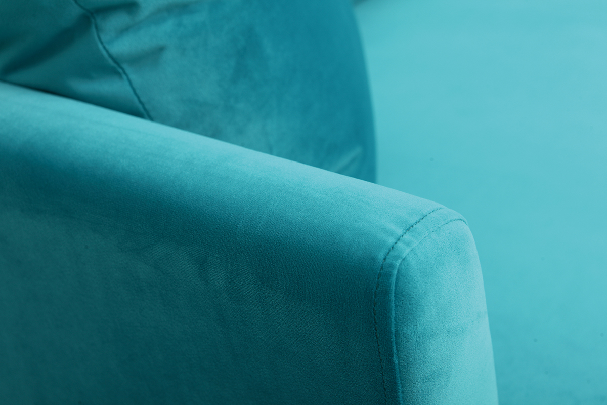 Canap� scandinave 3 places velours bleu azur pieds bois OSLO