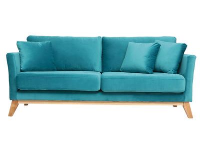 Canap&eacute; scandinave 3 places velours bleu azur pieds bois OSLO