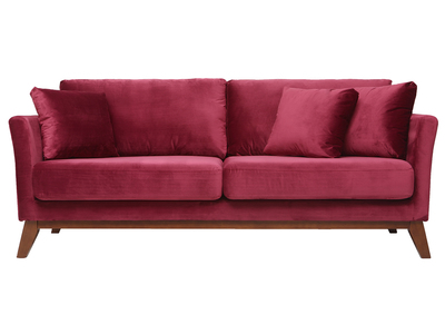 Canap&eacute; scandinave 3 places velours bordeaux pieds bois OSLO