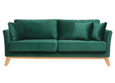 Canap&eacute; scandinave 3 places velours vert &eacute;meraude pieds bois OSLO