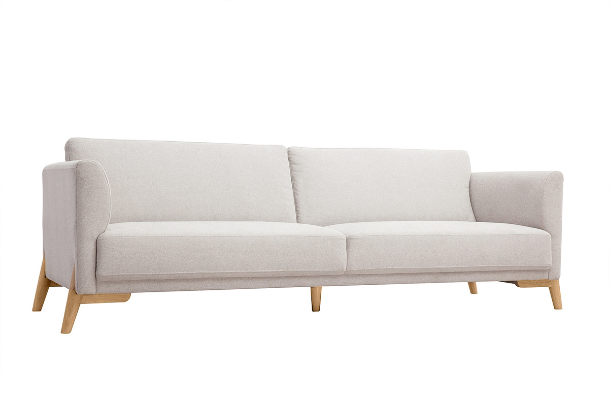 Canap scandinave 4 places en tissu effet velours textur beige et bois clair SINDRO