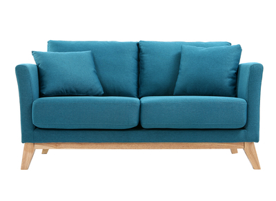 Canapé scandinave déhoussable 2 places en tissu bleu canard et bois clair OSLO