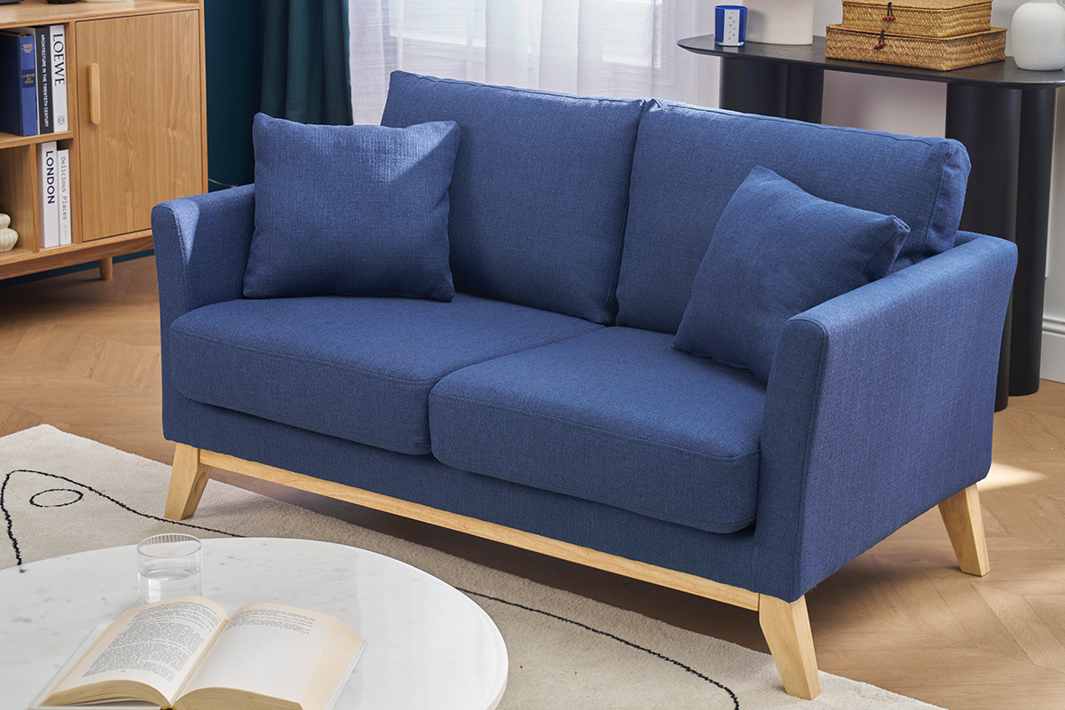 Canap� scandinave d�houssable 2 places en tissu bleu fonc� et bois clair OSLO