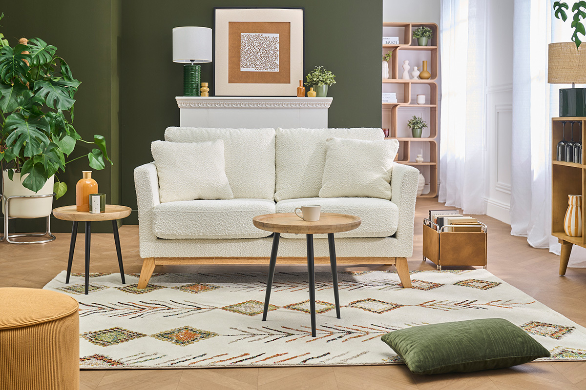 Canap� scandinave d�houssable 2 places en tissu effet laine boucl�e blanc cass� et bois clair OSLO