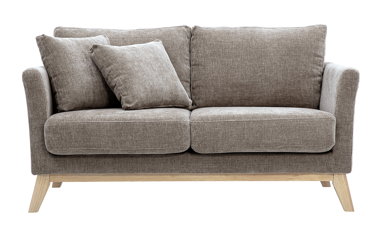 Canap scandinave dhoussable 2 places en tissu effet velours textur taupe et bois clair OSLO