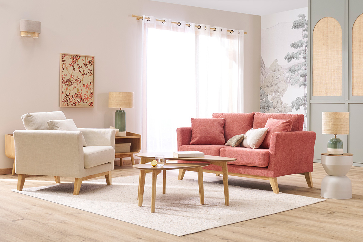 Canap scandinave dhoussable 2 places en tissu effet velours textur terracotta et bois clair OSLO