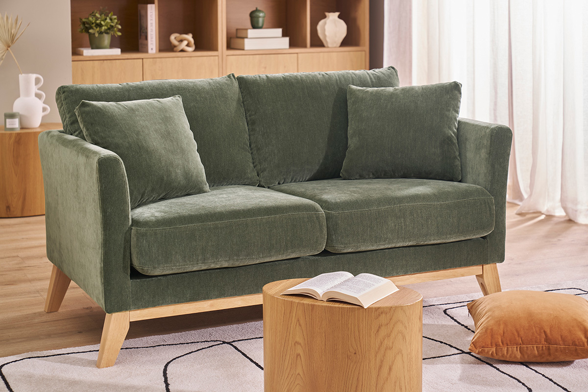 Canap� scandinave d�houssable 2 places en tissu effet velours vert kaki et bois clair OSLO