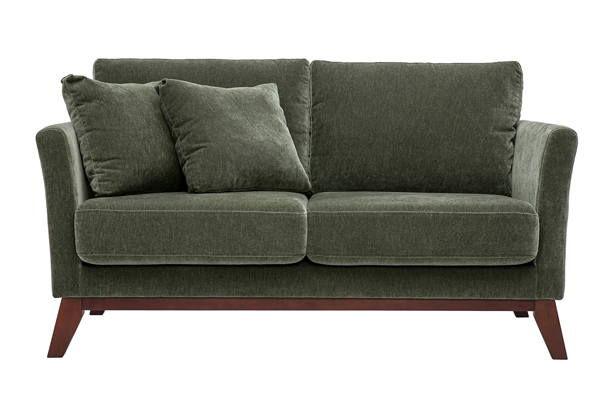 Canap� scandinave d�houssable 2 places en tissu effet velours vert kaki et bois fonc� OSLO