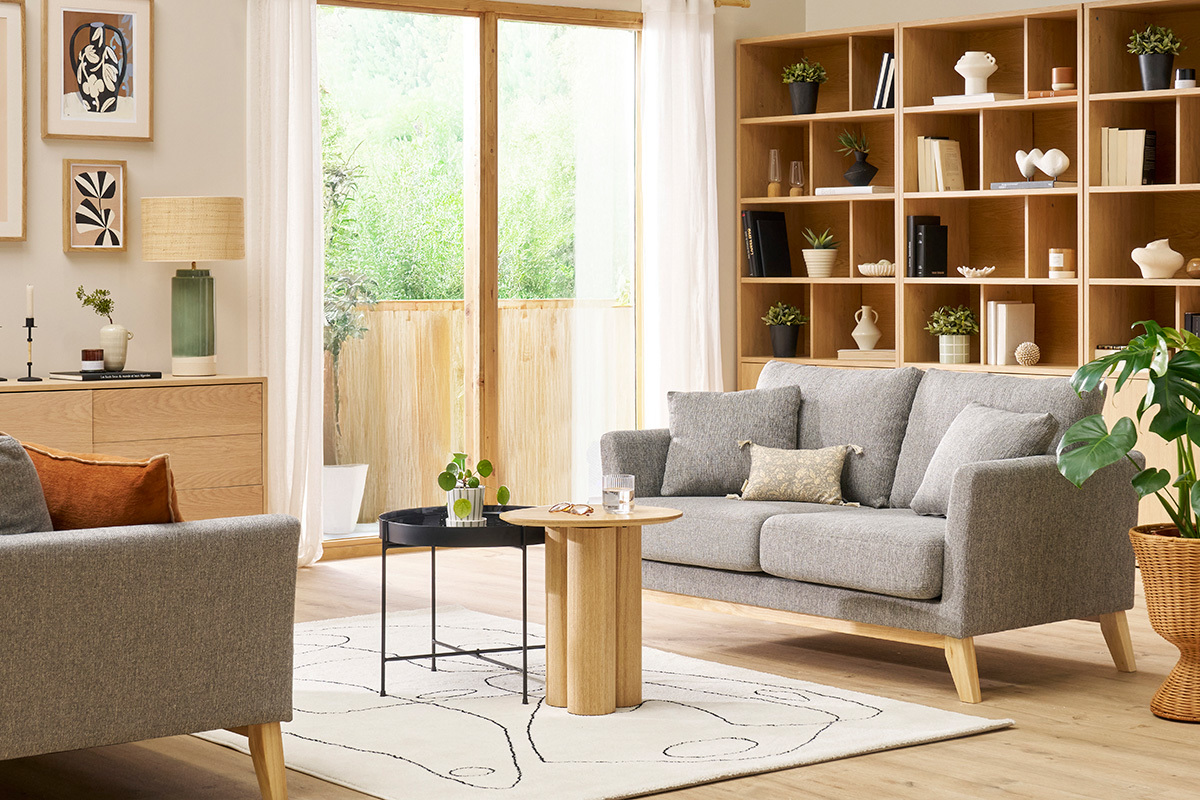 Canap scandinave dhoussable 2 places en tissu gris clair et bois clair OSLO