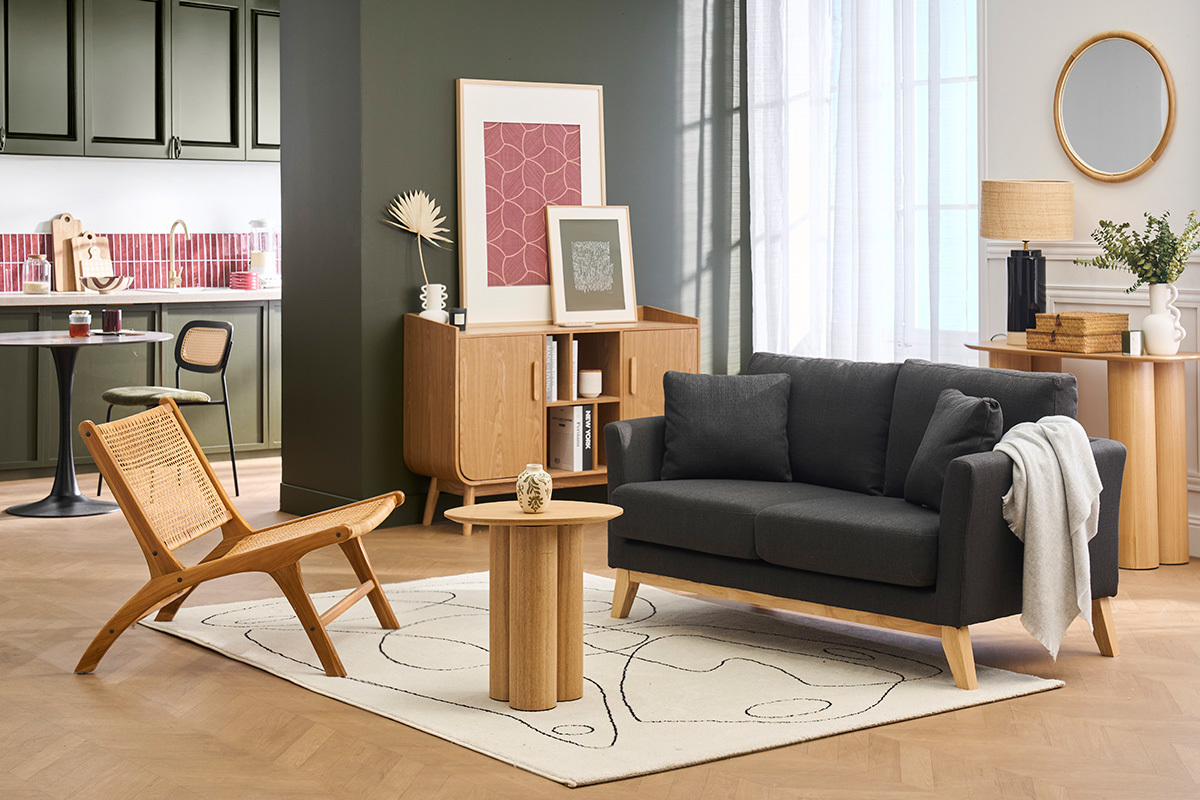 Canap� scandinave d�houssable 2 places en tissu gris fonc� et bois clair OSLO